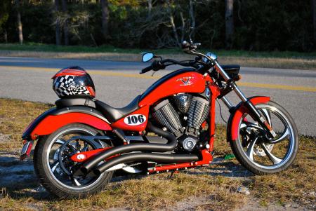 2010 victory vegas le review motorcycle com, Although Bell Helmets have no involvement with Victory this Star model in Livin Large Red Black graphics proved an exceptional match to the Fireball Red Vegas LE