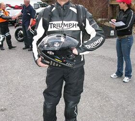 2008 triumph urban sports review motorcycle com, Duke shows off the Hawk jacket from Triumph s clothing line Shift pants Icon boots and an Akuma helmet complete the outfit