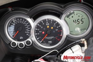 2008 triumph urban sports review motorcycle com, The Sprint ST s instruments are comprehensive even if the speedometer numbers are hard to read at a glance
