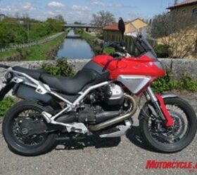 2008 moto guzzi stelvio review motorcycle com, Air cooled V Twin shaft drive and an upright big trailie stance it s the same ingredients that BMW has reaped sales success with its versatile and funky R1200GS