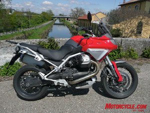 2008 moto guzzi stelvio review motorcycle com, Air cooled V Twin shaft drive and an upright big trailie stance it s the same ingredients that BMW has reaped sales success with its versatile and funky R1200GS