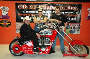 old 97 choppers, Roger Purgason aka Rocket Man and Rocket Rogers sits atop one of his various custom choppers produced at Old 97 Choppers This bike is the old 97 Chopper