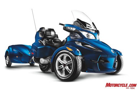 2010 can am spyder rt preview motorcycle com, Can Am s Spyder RT with matching trailer in Orbital Blue