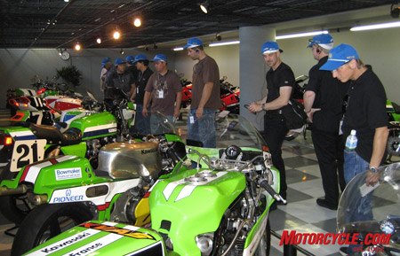 kawasaki japan tour, We were privileged to get a look inside the Motorcycle Collection Hall in Akashi Works Seen in this shot are a few Grand Prix racebikes and four time world champ Eddie Lawson s old factory Superbike 21
