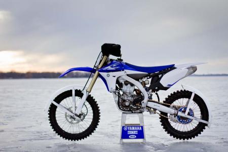 motorcycle racing on ice video, Ignore the extended fenders and the frozen lakebed and this stock 2013 Yamaha YZ450F looks ready for a motocross session