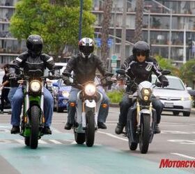 2010 electric motorcycle shootout motorcycle com, Humming down the road is the Brammo left Zero middle Native right
