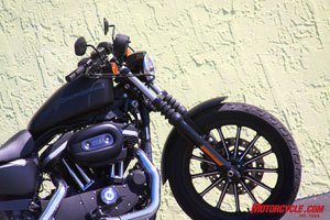 2009 harley davidson iron 883 review motorcycle com, Sharing the same Evolution 883cc V Twin found on the 883 Low this blackened Sportster is called the Iron 883 and hides a low price under all that attitude MSRP 7 899