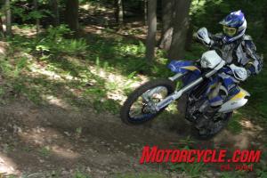 2010 husaberg fe570 review motorcycle com, The Husaberg is heavy but it feels surprisingly agile in the woods