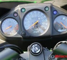 2010 kawasaki ninja 250r review motorcycle com, Instruments are basic and clearly visible day or night The fuel gauge moves very slowly After one 105 mile flog session of mixed highway and canyon riding it indicated a little less than half a tank remaining