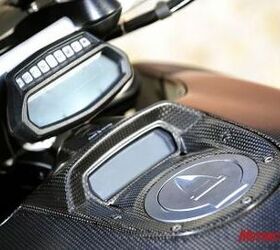 2011 ducati diavel review motorcycle com, Regrettably this image doesn t show the clear colorful data in the new TFT display located in front of the fuel cap