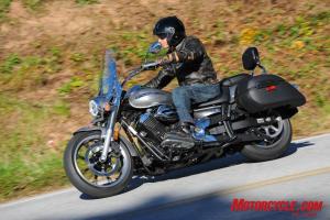 2009 yamaha v star 950 review motorcycle com, Want a little tour to go with your cruise Pony up about 10 extra Benjamins for the Tourer model and its windshield bags and backrest