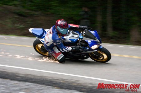 2009 r1 r6 forum east coast convention, Shane McCoy of McCoy Motorsports sets the Tail of the Dragon on fire with his titanium infused knee sliders Photo by Laura Trigg
