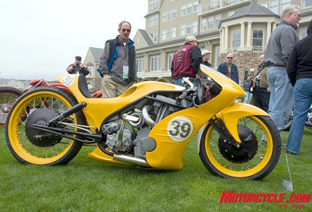 2008 legend of the motorcycle concours d elegance, Roger Goldammer s Gold Member Board track back end sportbike front and retro Harley in the middle Note the supercharger sitting where the rear cylinder of the V Twin used to be