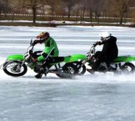 2011 kawasaki kx450f review motorcycle com, We rode the 2011 KX450F everywhere even comparing it to a 2010 KX450F on a frozen lake
