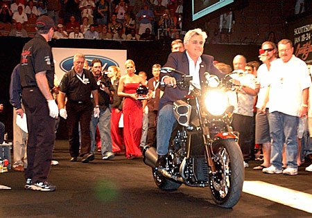 leno v max auction raises 120 000, Jay Leno rides his custom V Max onto the Barrett Jackson auction stage