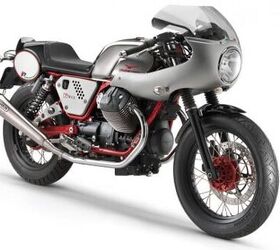 2013 moto guzzi v7 racer review motorcycle com, The V7 Record kit recalls Moto Guzzi racing machines of the late 60s early 70s to create a striking profile Note the Arrow slip on racing exhaust not included with the kit but available a la carte from MG Accessories for 1189 95