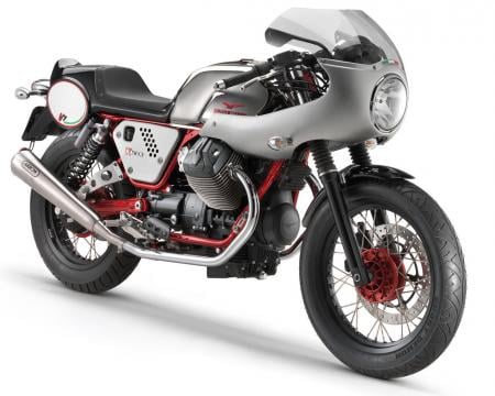 2013 moto guzzi v7 racer review motorcycle com, The V7 Record kit recalls Moto Guzzi racing machines of the late 60s early 70s to create a striking profile Note the Arrow slip on racing exhaust not included with the kit but available a la carte from MG Accessories for 1189 95