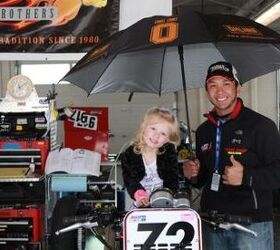 The experience of racing an XR1200 at an AMA event with a big crowd watching was something special. Even better was getting to meet the fans, like JadeLeigh here. Who knows, maybe one day I’ll be holding her umbrella on an AMA grid...