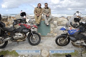 long way down on national geographic, Charley Boorman left and Ewan McGregor traveled to the tip of South Africa where the Indian and Atlantic oceans meet