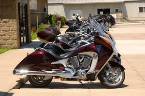 2008 victory vision first ride motorcycle com, Fresh off the assembly line the Visions are lined up Up front in this photo is the Vision Street the variant that comes without the tail trunk that resides on the Vision Tour