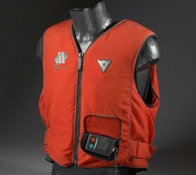 dainese d air race suit announced for production, This is one example of a pre production street vest No tethers or dangling cables to trip up in or forget that they re attached This one s completely wireless employing complex algorithms to determine when to deploy Dainese calls it an intelligent protection system No production date for street versions yet