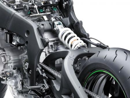 2011 kawasaki zx 10r review motorcycle com, The new horizontal position of the shock helps keep the bike more compact overall