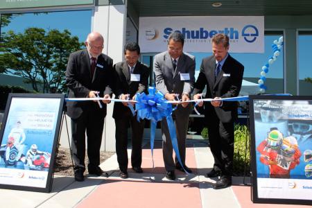 schuberth north america opens its doors, The company s Sept 15 dedication ceremony included a ribbon cutting by left to right Schuberth World Wide CEO Marcel Lejeune Aliso Viejo Mayor Phillip Tsunoda Board President of the Aliso Viejo Community Association Ross Chun and Schubert North America General Manager Randy Northrup
