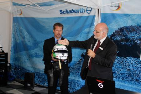 schuberth north america opens its doors, Lejeune demonstrates technologies behind the Indycar helmet complete with bulletproof face shield yes it really will stop a small caliber bullet held by Northrup