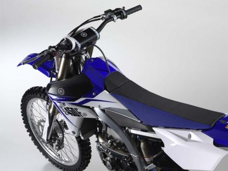 new 2014 yamaha fz 09 yz450f yz250f motorcycle com, What happened to the gas cap you ask It s hidden under the front part of the seat The blue section in front of it hides the airbox
