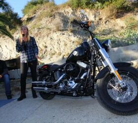 2012 harley davidson seventy two and softail slim preview motorcycle com, Harley Davidson s Jennifer Hoyer and Paul James take the wraps off the FLS Softail Slim at longtime SoCal biker hangout Cook s Corner