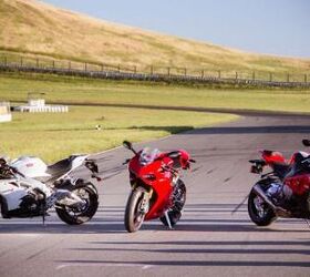 2012 european literbike shootout teaser video motorcycle com, Wild animals in their natural habitat the Aprilia RSV4 R APRC left Ducati 1199 Panigale center and BMW S1000RR on the front straight at Thunderhill Raceway