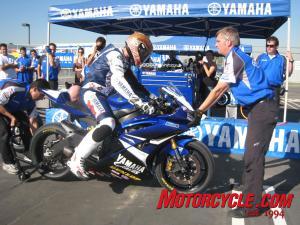 yamaha media day, Yamaha s race team demonstrates the proper way to do a pit stop for roadracing star Ben Bostrom