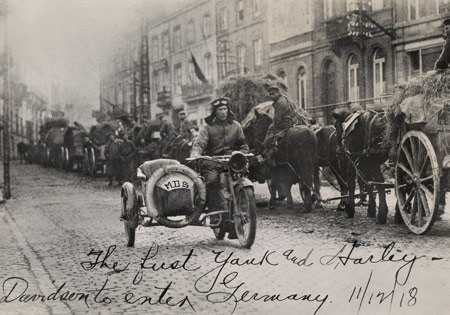 h d honoring u s military in november, From Harley Davidson Archives the writing reads The first Yank and Harley Davidson to ener Germany 11 12 18 Copyright H D
