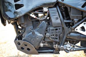 2011 altius scimitar review motorcycle com, A metal plate serves to protect the underside of the bike
