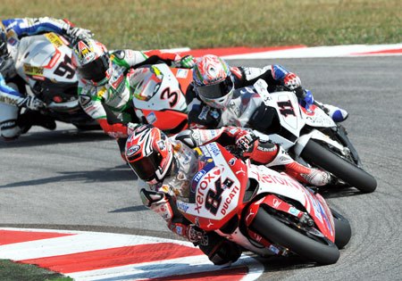 wsbk 2010 misano results, The battle for the lead in Race Two was highly contested until Max Biaggi 3 broke from the pack and ran away with the win