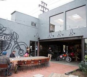 deus ex machina video, Communal tables both inside and outside are excellent spots to enjoy a coffee or pastry while ogling motorcycles