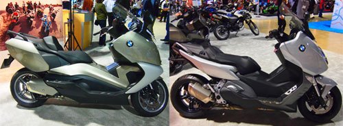 2011 progressive international motorcycle show at long beach video, Making their North American debuts were the C600 Sport right and C650 GT maxi scooters from BMW