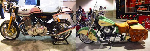 2011 progressive international motorcycle show at long beach video, Two companies looking to make comebacks in 2012 are Norton left with its 961 Commando and Indian now under Polaris ownership