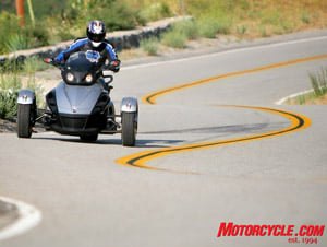 2008 can am spyder review motorcycle com, The power assisted steering makes quick work of the twisties as long as you don t push the speed