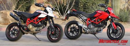 2010 ducati hypermotard 1100 evo review motorcycle com, The Hypermotard 1100 EVO comes in two trim levels On the left is the high end SP version fitted with the accessory Termignoni exhaust system
