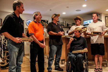 kenny roberts american heroes benefit dinner video, Eddie Lawson Mert Lawwill Wayne Rainey Kenny Roberts Senior and Junior are presented with commemorative military knives by Mic Meeks third from left a financial founder of the charity Photo by Terrence van Doorn