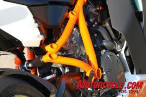 2010 ktm 1190 rc8r review motorcycle com, KTM s compact LC8 V Twin is used as a stressed member to augment the large tube chromoly steel frame