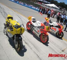 2010 red bull u s grand prix at laguna seca event report, Eddie Lawson s old 500cc GP machine is bookended by Kenny Roberts left and Wayne Rainey s right