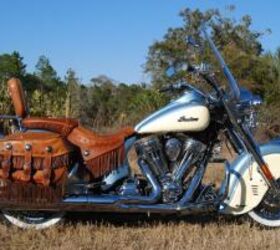 2010 indian chief vintage review motorcycle com, Our Chief Vintage came with optional distressed leather saddle bags and backrest