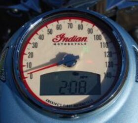 2010 indian chief vintage review motorcycle com, Visually simple instruments offer a fair amount of data via an LCD readout Those chromed pieces to the left and right are not small speakers but are an upscale treatment to the turn signals that while pretty probably could stand to be a little brighter during operation