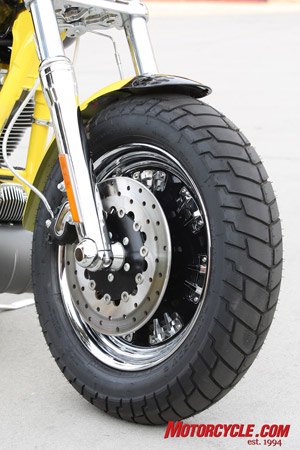 2009 harley davidson cvo models review motorcycle com, Exclusive Fang wheels on 09 CVO Fat Bob The chrome fangs that line wheel perimeter are bolted in as final step to wheel assembly