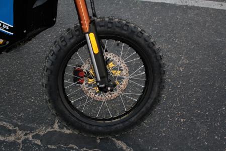 dual sport shootout electric vs gasoline motorcycle com, The DS gets an extra inch of travel to its Fastace com fork compared to the supermoto S Front knobby is good and chunky providing decent grip if a bit short at only 17 inches in diameter