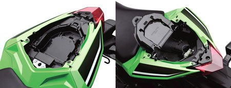 2013 kawasaki ninja 300 review motorcycle com, Kawasaki came up with this ingenious dual storage compartment under the rear seat The top tray can hold smaller items then flip it over to find a tool kit and a larger compartment for bigger items Pretty clever