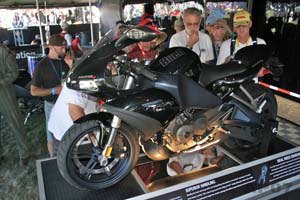 buell 1125r first look motorcycle com, This 1125R was on display at the Laguna Seca MotoGP race The clear shot of the left side of the bike is possible because the right side reveals dozens of cutaway sections that drew big crowds