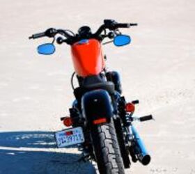 2010 harley davidson sportster forty eight review motorcycle com, Below the bar mirrors take some getting used to but lend to the Forty Eight s bobber themed styling